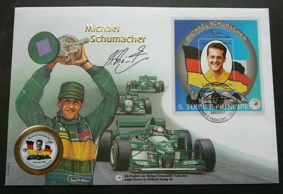[SJ] Sao Tome Michael Schumacher F1 Winner Car Racing 1997 Sport FDC (coin cover - Image 1 of 4