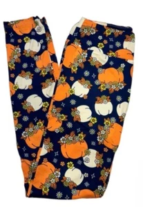 LuLaRoe Womens Leggings Size TC2 Pumpkins Halloween Blue Floral Plus 18+ NWT - Picture 1 of 3