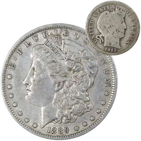 1889 O Morgan Dollar XF EF Extremely Fine with 1913 Barber Dime G Good Cover