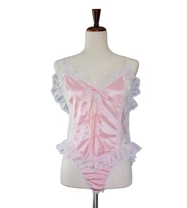 VTG Frilly Ruffle Floral Lace Pink Teddy M Front Tie Bodysuit Fairy Coquette 70s - Picture 1 of 15