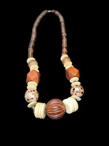 Vintage Wood Bead Necklace Chunky Boho Ethnic Mosaic & Discs Abstract 24” - Picture 1 of 6