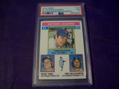 1976 TOPPS #199 NL VICTORY LDRS TOM SEAVER, RANDY JONES, ANDY MESSERSMITH PSA 7 - Image 1 of 2