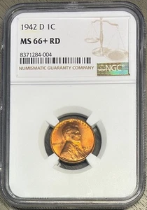 1942-D Lincoln Cent (Wheat Penny), NGC MS-66+ RD, Plus Graded! - Picture 1 of 2