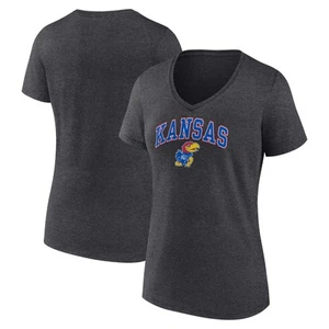 Women's Fanatics Heather Charcoal Kansas Jayhawks Campus V-Neck T-Shirt - Picture 1 of 3