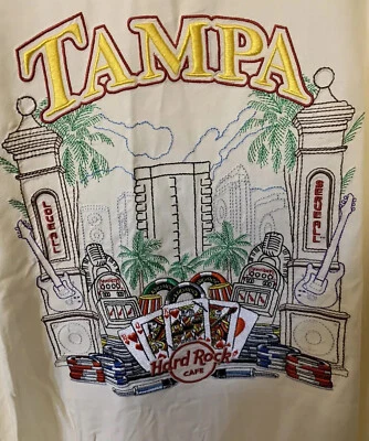 New Hard Rock Cafe Men's Sz L Tampa Florida Embroidered Casino Cards Cream Shirt - Image 1 of 4