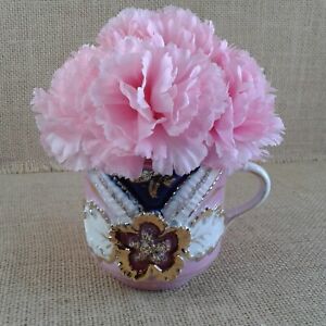 Pink Gold Mustache Cup Original Floral Decor Chic Pink Carnations Victorian 1455