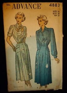 UNUSED RARE VINTAGE 1940's ADVANCE SEWING PATTERN 4883 SHIRT DRESS BUST 34"