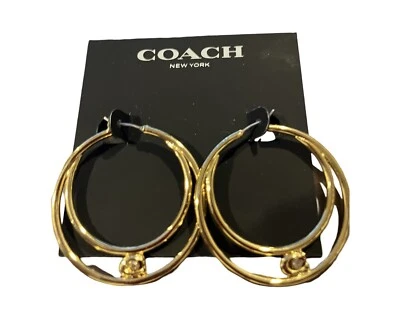 New Coach Logo Signature Double Hoop Earrings with Crystal in Gold Plated Brass - Image 1 of 4