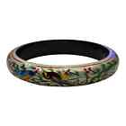 Vintage Chinese Lacquer Hand Painted Birds Wooden Bangle Bracelet Silver Red