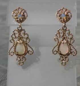 Antique 14k yellow gold opal dangle filagree earrings - Picture 1 of 12