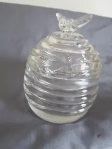 Vintage Round Ribbed Clear Glass honey Jar base w/ lid & bees - Picture 1 of 3