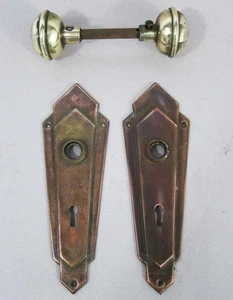 Antique Art Deco Copper & Brass Door Knobs & Finger Plates Set Vintage 1930s   a - Picture 1 of 5