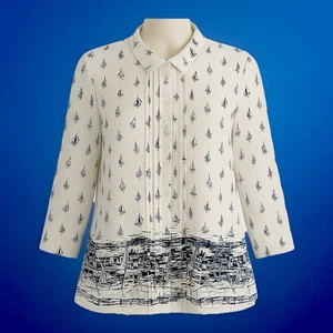 💙⚓️ Damart - Women’s Button Up Blouse -Size 24 AU – Nautical Sailing Boat Print - Picture 1 of 19