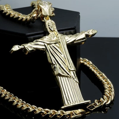 Colgante Jesús Redentor Grande / Cadena de Eslabones Cubanos 10mm Chapado en Oro 14k Hombres y Mujeres Foto 1 de 4