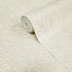 Embossed leaf damask heavy textured faux fabric ivory beige cream wallpaper roll - Picture 1 of 10