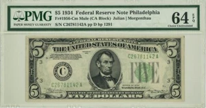 FR 1956-Cm $5 1934 Federal Reserve Note Philadelphia Mule Ch Unc 64 EPQ PMG - Picture 1 of 2