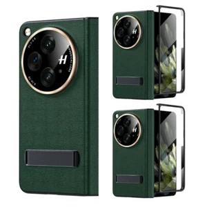 For OnePlus Open Genuine Leather Case Hinge Protection+Glass Film Stand Cover - Picture 1 of 11