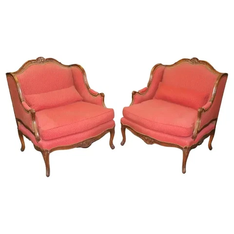 Fine Pair Carved Walnut French Louis XV Style Bergere Chairs Marquis Circa 1960s Cover