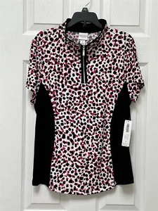 NWT Chico's Weekends Size 1 M 8-10 Coral Fuchsia Black Dots Mock Zip SS Golf Top - Picture 1 of 9