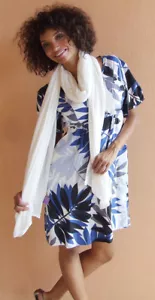 ELLEN TRACY CASUAL BLUE MULTI FLORAL SILK KNEE SHORT SLEEVE EMPIRE DRESS 10 NEW - Picture 1 of 3
