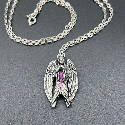 Vintage Gothic Angel Pendant Pink Crystal Rhinestones Silver Chain Necklace - Image 1 of 4