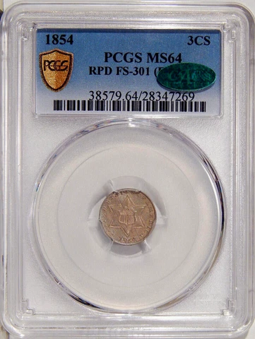 1854 3cS PCGS MS 64 CAC FS-301 RPD ~ LOW POP THREE CENT SILVER TRIME VARIETY Cover