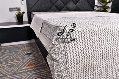 Kantha Quilt Hippie Coverlet Hand Block Bedcover Grey Gudari Traditional Blanket - Image 1 of 4