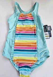 SPEEDO Girl's Size 14 Swimsuit 1 Pc Swim Aqua Splash Ruffle Rainbow Stripe NWT - Picture 1 of 2