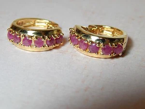 925 STAMPED STERLING / 14K YELLOW GOLD PLATED RUBY HINGED HOOP EARRINGS - Picture 1 of 12