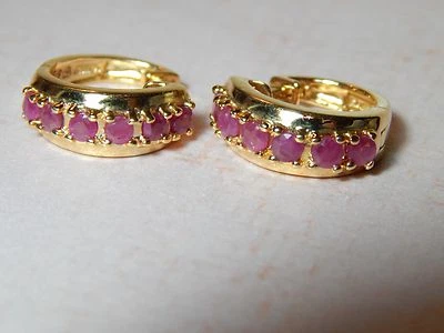 925 STAMPED STERLING / 14K YELLOW GOLD PLATED RUBY HINGED HOOP EARRINGS - Image 1 of 4