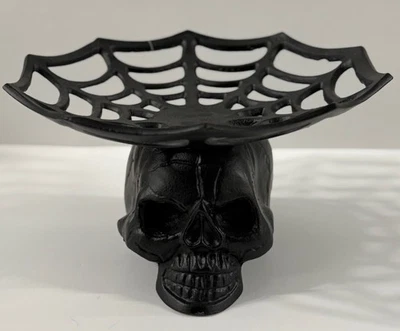 Halloween Spiderweb Skull Dessert Cake Stand Cupcake Pedestal 12” Metal New - Image 1 of 4