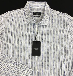 Men's BUGATCHI Shaped Fit Shirt XL Fine LINEN NEW White Blue Striped Feathers - Picture 1 of 6