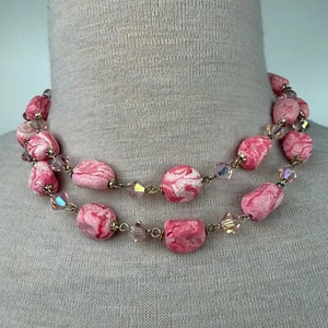 Vintage Japan Pink & White Marbled Candy Bead AB Bead Necklace 18" - Picture 1 of 10