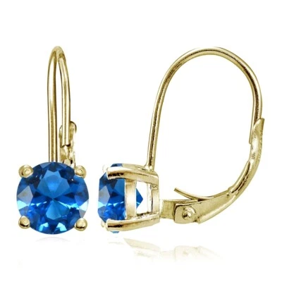 Gold Tone over Silver Simulated London Blue Topaz 6mm Round Leverback Earrings - Image 1 of 4