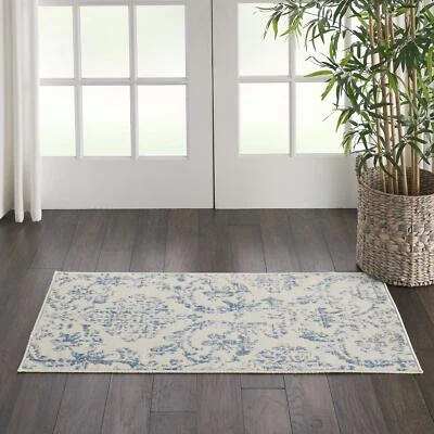 Nourison Jubilant Damasco Marfim/Azul 2' X 4' Área -Tapete Fácil -Não Limpar - Imagem 1 de 4