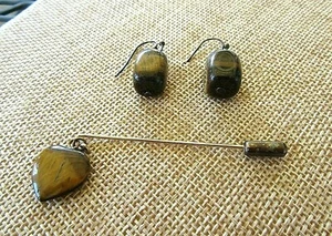 Lovely Tiger's Eye Heart Stick Pin and Pierced Earrings- SET - Picture 1 of 3