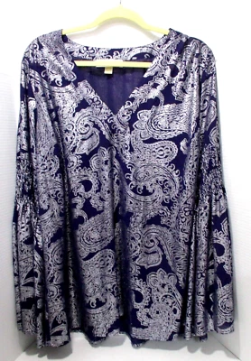 Michael Kors Women 1X Purple & Silver Metallic Paisley Top Bell Sleeve Holiday - Image 1 of 4