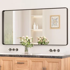 Black Bathroom Mirrors for over Sink, 48 X 24 Inch Large Rounded Rectangle Bathr - Picture 1 of 9