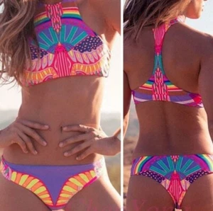 Halter Top Racer Back Bikini W/Cheeky Bottom-Sz L-Purple/Multicolor-Built in Bra - Picture 1 of 7