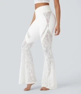 White Softlyzero High Waisted Back Pocket Contrast Lace Flare Yoga Pant💗Sz M - Picture 1 of 7