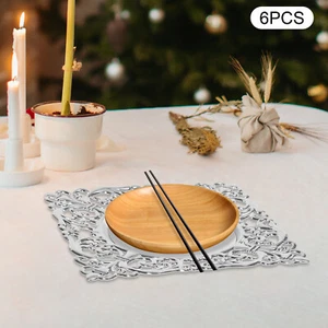 6*Silver Square Plastic Plate Chargers with Embossed Rims Charger Plates Acrylic - Picture 1 of 16