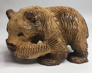 Sehr guter Zustand Schwarzbär Grizzly handgeschnitzt Massivholz Ainu Kunst Lachsfisch im Mund - Bild 1 von 8