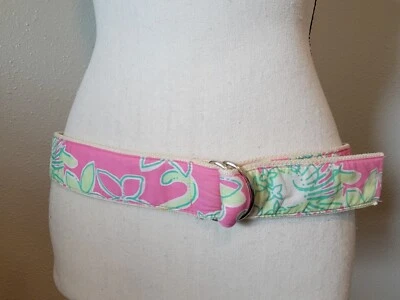 Lilly Pulitzer Belt Pink and Green Floral Fabric, Silver D Buckle, Size M - Image 1 of 4