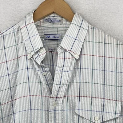 OAKTON LTD Shirt Mens 16 Seersucker Graph Check Short Sleeve White Blue USA Vtg - Image 1 of 4
