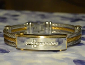 Dolly-Bijoux  Fantaisie Bracelet de 3 Câbles Acier PLAQUE CROIX de Diamant CZ - Picture 1 of 5