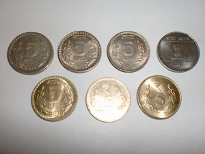 INDIA COIN LOT OF: 7 X "RS. 5” OLD&NEW COINS-4 DESIGN-THICK&HEAVY-2002-2012#5FX - Picture 1 of 4