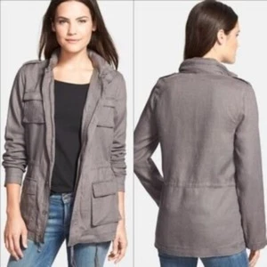 Olivia Moon 100% Linen Hooded Cargo Jacket Womens sz M Gray Academia Grunge NEW - Picture 1 of 9