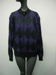 VTG MARIE ST JOHN PURPLE & BLACK DIAMOND ZIPPER FRONT WOOL SWEATER JACKET 2-4P - Picture 1 of 6