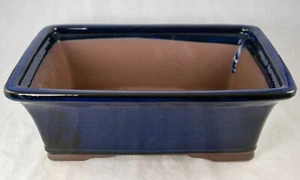 12" Rectangular Dark Blue Glazed Cactus & Succulent, Bonsai Planter - Pot/Set - Picture 1 of 9