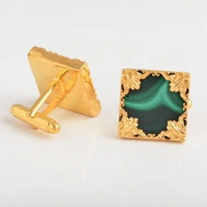 14k Gold Plated Silver Square Green Malachite Gemstone Men's Cufflinks Gift - Picture 1 of 5